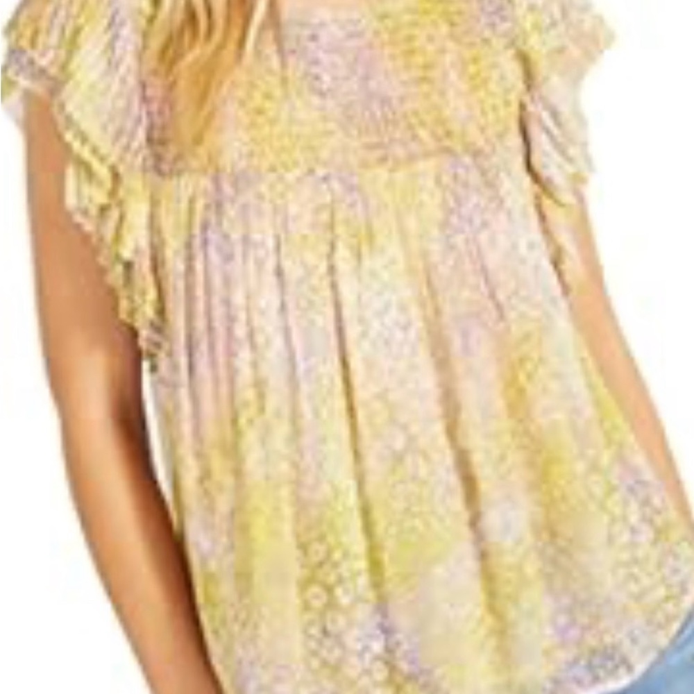 Yellow purple and white blouse with ruffle shoulders